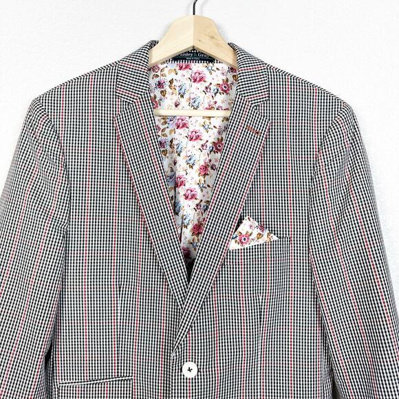 Paisley & Gray Mens Dover Notch Slim Fit Blazer Suit Jacket Black Red Check 40R - Picture 2 of 15